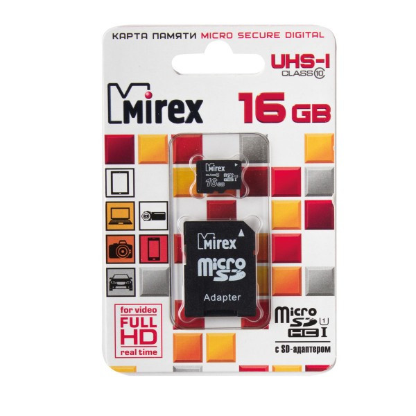 Карта памяти microSDHC Card 16Gb class 10 UHS-I +SD адаптер Mirex
